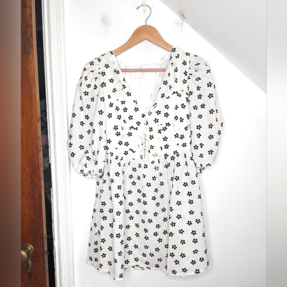 FOR LOVE & LEMONS Connie Daisy Seersucker Mini Dress Ivory NEW Size S